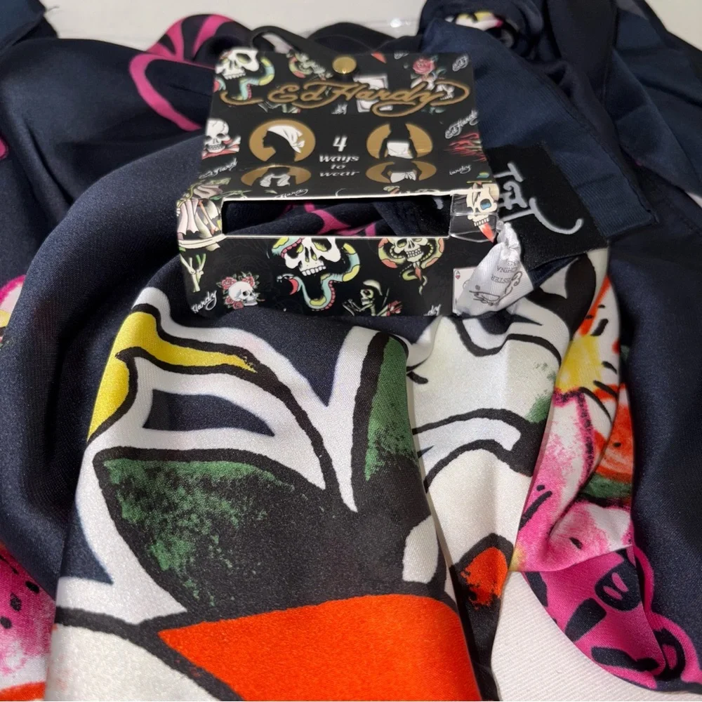 Ed‎ Hardy 4 ways to wear skull silky black red scarf 42 inches x 42 inches new